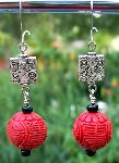 Red Carved Cinnabar & Silver Earrings