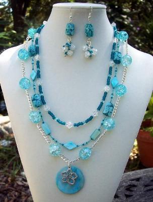 Handmade Aqua Floral Crackle Necklace Bracelet & Earring Set