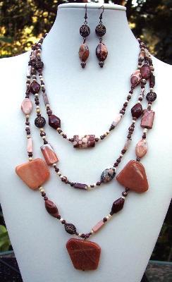 Jasper & Carnelian 3 Strand Necklace & Earring Set