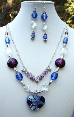 Sold  Blue & Purple Heart Necklace & Earring Set