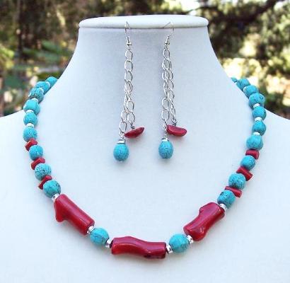 Coral & Turquoise Necklace and Earring Set