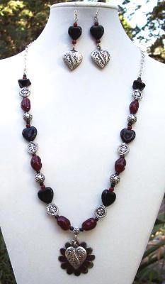 Sold Red Black & Pewter Heart Necklace & Earring Set
