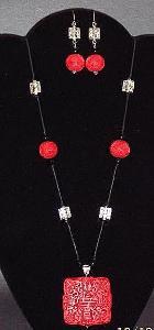 Red Cinnabar & Silver Necklace & Earrings Set